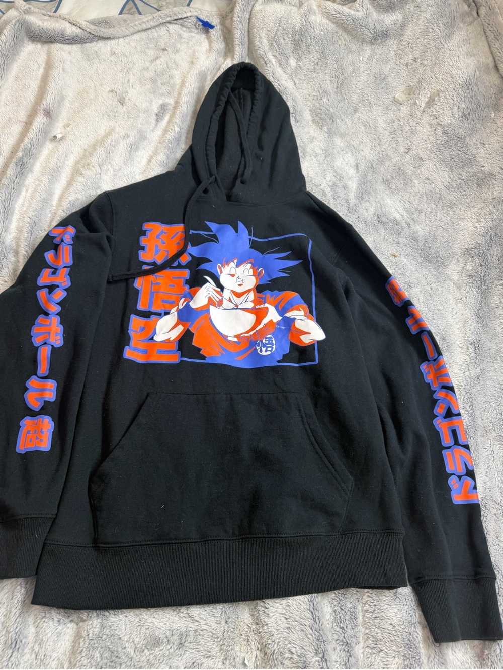 Black Graphic Anime Pullover Hoodie with Blue & Orange Design